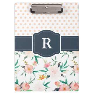 Monogramm-Klemmbrett-Aquarell mit Blumen, blau Klemmbrett