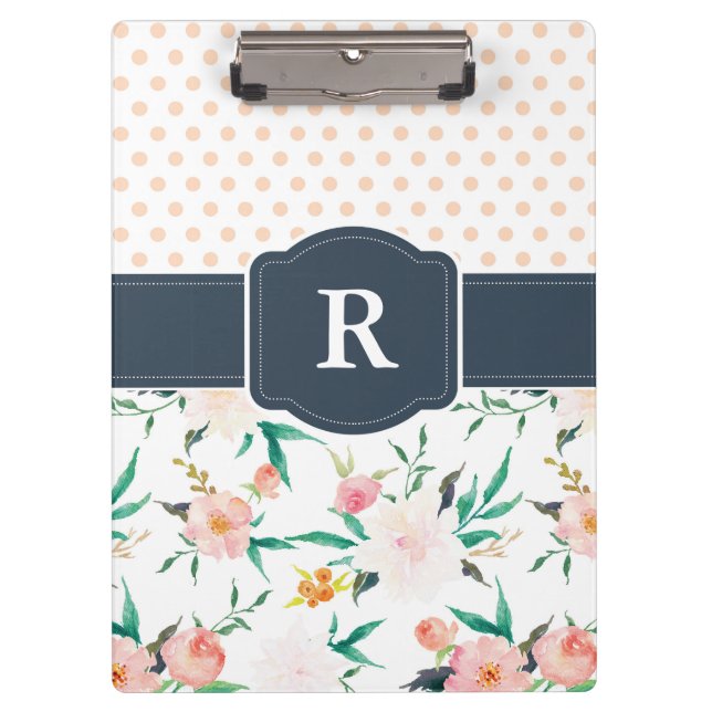 Monogramm-Klemmbrett-Aquarell mit Blumen, blau Klemmbrett (Vorderseite)