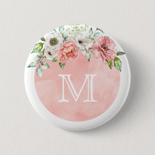 Monogramm-Knopf-Button | erröten der rosa Blumen Button (Vorderseite)