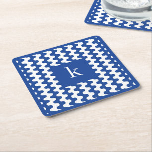 Monogramm Kobaltblau Fettes Wellenmuster Rechteckiger Pappuntersetzer