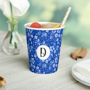 Monogramm, Kobaltblaue Blumen- und Blättermuster 2 Pappbecher
