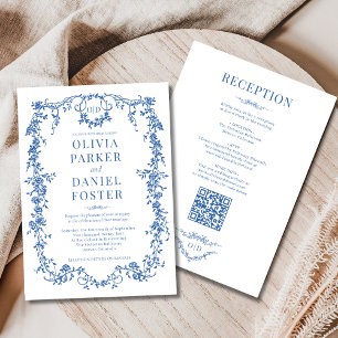 Monogramm königsblau viktorianische Hochzeit in ei Einladung