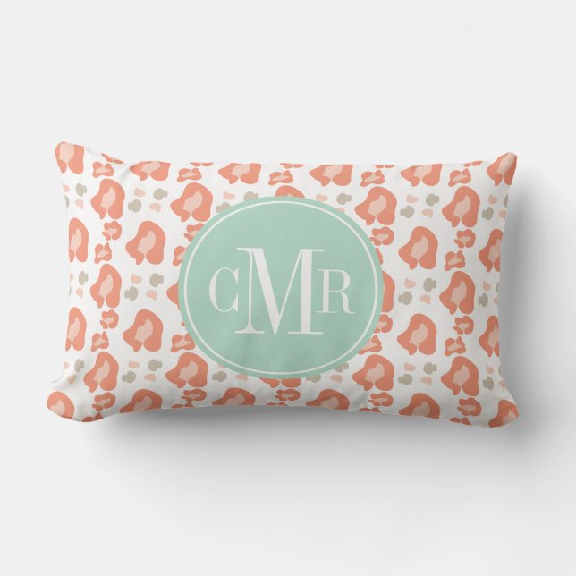 Monogramm-Koralle und Aqua-Leopard-Druck Lendenkissen (Vorderseite)
