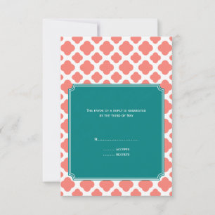 Monogramm Korallenrosa Quatrefolienmuster mit Aqua RSVP Karte