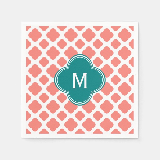 Monogramm Korallenrosa Quatrefolienmuster mit Aqua Serviette (Vorderseite)