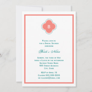 Monogramm Korallenrosa und Aquamarine Quatrefolien Einladung