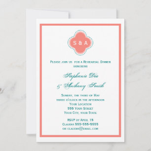 Monogramm Korallenrosa und Aquamarine Quatrefolien Einladung
