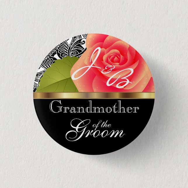 Monogramm-korallenrote Rose - Brauthochzeits-Party Button (Vorderseite)