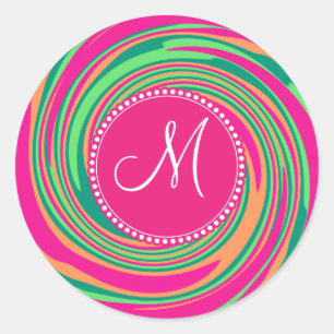 Monogramm-korallenroter Pink-Grün-Strudel-Strudel Runder Aufkleber