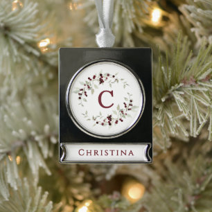 Monogramm Kranz aus Stechpalmenblättern und Name Banner-Ornament Silber