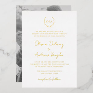 Monogramm-Kranz-Wappen-Foto Elegante Hochzeit Gold Folieneinladung