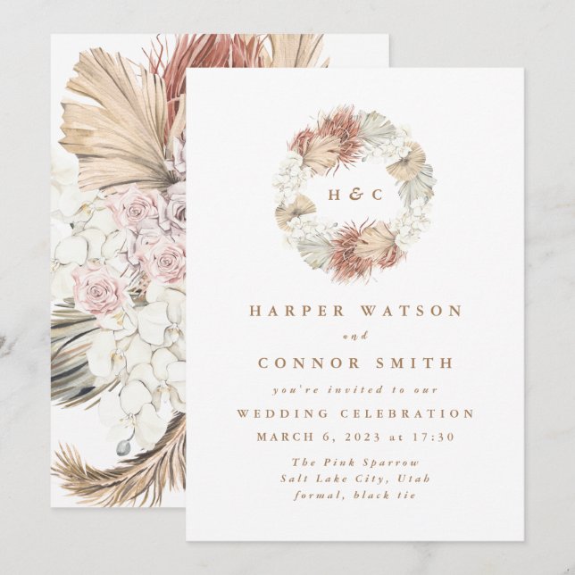 Monogramm Krautpampas Grass Floral White Einladung (Vorne/Hinten)