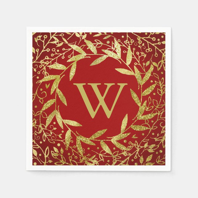Monogramm Kreis der Blätter Wreath Gold Glitzer Serviette (Vorderseite)