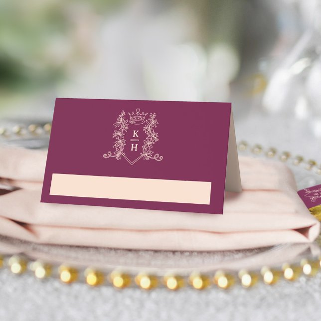 Monogramm Kronenwein Rote Pfirsichhochzeit Platzkarte (Von Creator hochgeladen)