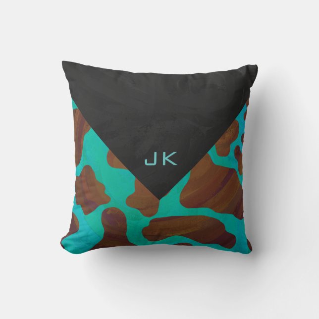Monogramm Kuh braun und Aquamarin Kissen (Vorderseite)