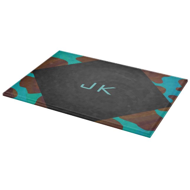 Monogramm Kuh braun und Aquamarin Schneidebrett (Ecke)
