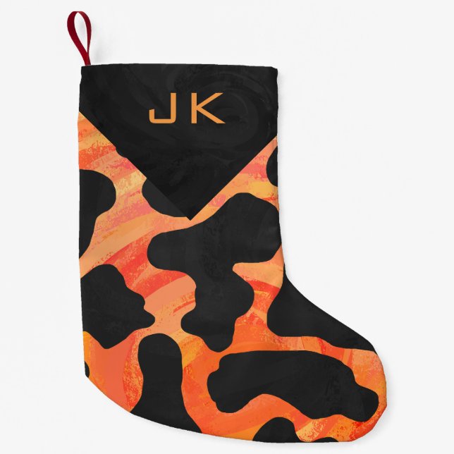 Monogramm-Kuh-schwarzes und orange Druck-Muster Kleiner Weihnachtsstrumpf (Vorderseite)