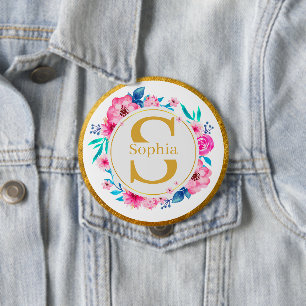 Monogramm Kunst I Goldinitiale und Wasserfarben-Ro Button