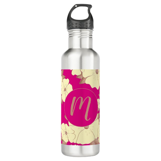 Monogramm Kupfer und gelbe Blüte auf Fuchsienrosa Edelstahlflasche (Vorderseite)