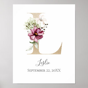 Monogramm L Rosa Weiß Blumen Gold Buchstabe Kinder Poster