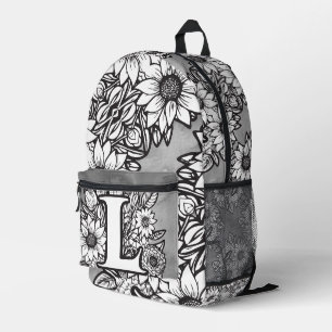 Monogramm "L" Sonnenblumen-Muster Schwarz-Weiß DIY Bedruckter Rucksack