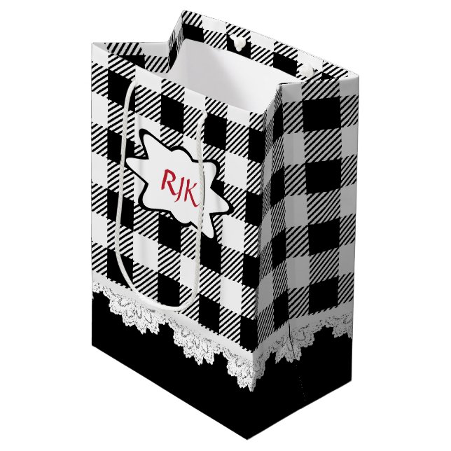 Monogramm Land Kariert Mittlere Geschenktüte (Vorderseite Schrägansicht)