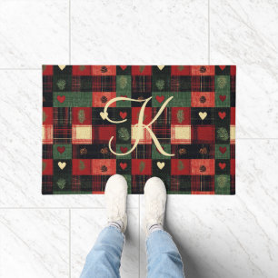 Monogramm Landhaus-Stil Rot Grün Karierte Herzen  Fußmatte