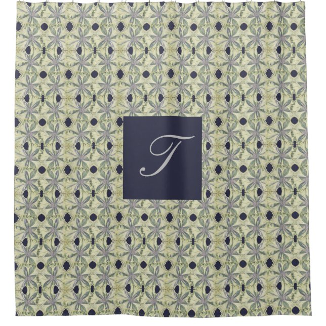 Monogramm Lattice-like Cyanus Blume Muster Duschvorhang (Vorderseite)