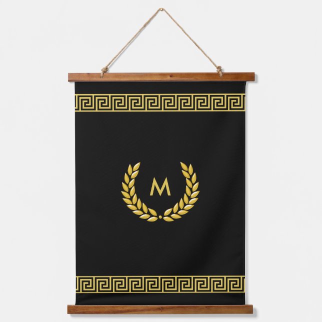Monogramm, Laurel und Golden Griechisch Muster auf Wandteppich Mit Holzrahmen (Vorderseite)