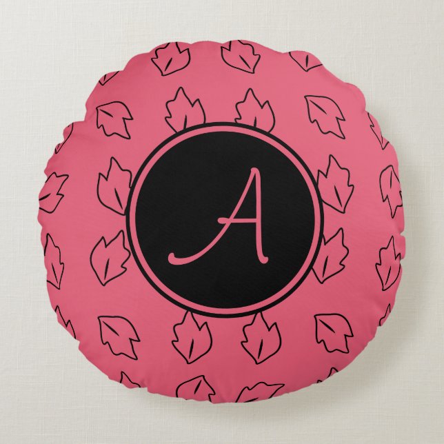 Monogramm Leaf Muster Rosa Rundes Kissen (Vorderseite)