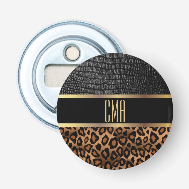 Monogramm Leder und Leopard Flaschenöffner (Vorderseite)