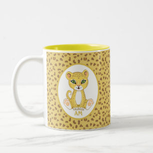 Monogramm & Leopard auf Braun & Gold-Beige Zweifarbige Tasse