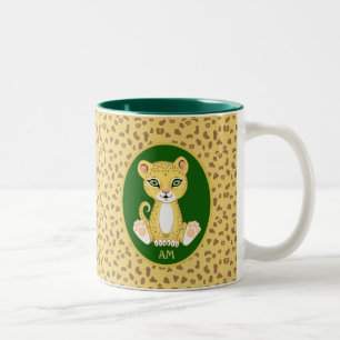 Monogramm & Leopard auf Grün Braun & Golden Beige Zweifarbige Tasse