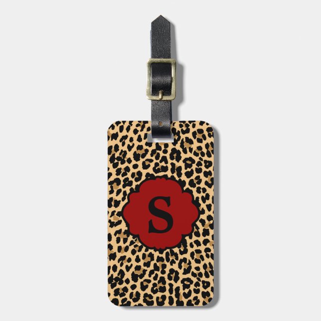 Monogramm-Leopard-Druck-roter Gepäckanhänger (Vorderseite vertikal)