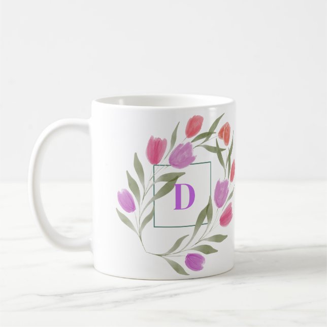 Monogramm Letter D Lila und weiß mit Blume Kaffeetasse (Links)