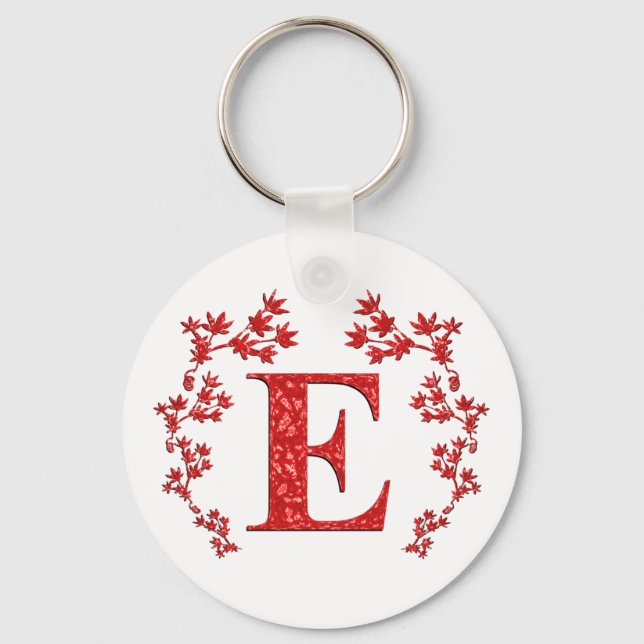 Monogramm Letter E - Rote Blätter Schlüsselanhänger (Vorderseite)