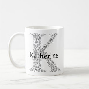 Monogramm Letter K Schwarz-weißes botanisches Flor Kaffeetasse