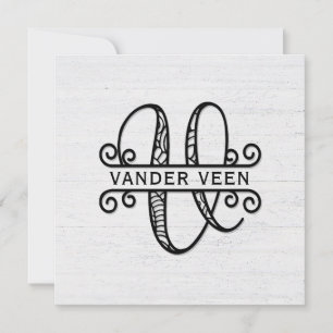 Monogramm Letter V mit Familienname Mitteilungskarte