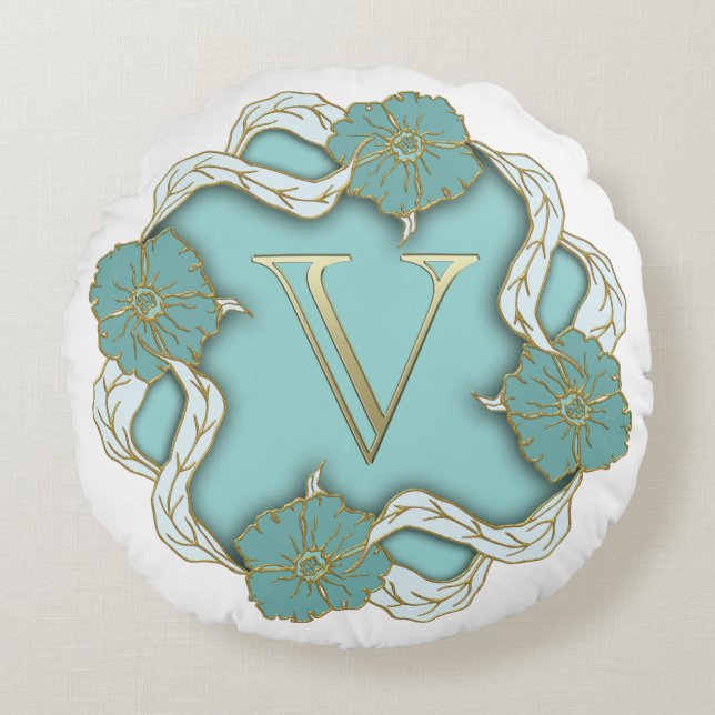Monogramm Letter V Rundpilz Rundes Kissen (Vorderseite)