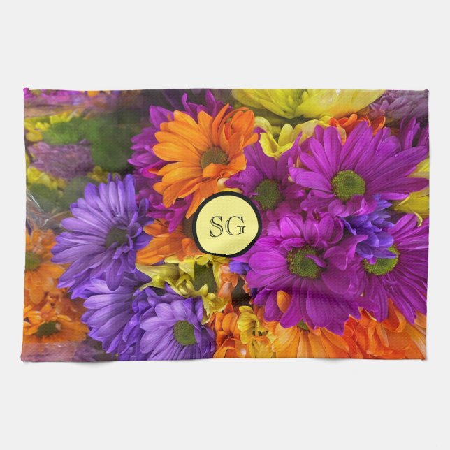 Monogramm Leuchtendes Blumen Geschirrtuch Handtuch (Horizontal)
