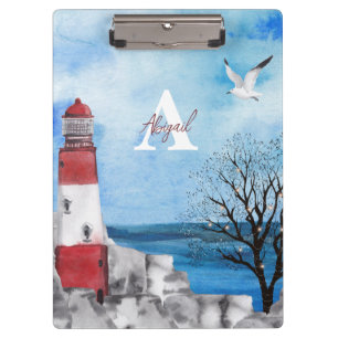 Monogramm-Leuchtturm-Aquarell-Szene Klemmbrett