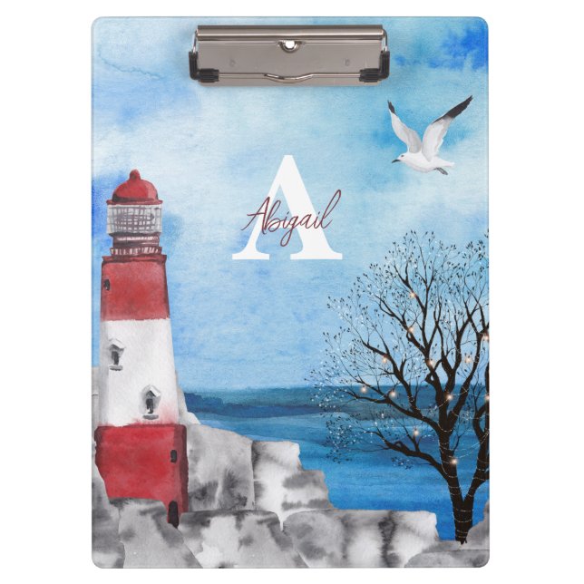 Monogramm-Leuchtturm-Aquarell-Szene Klemmbrett (Vorderseite)