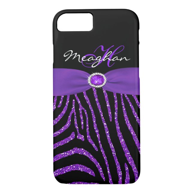 Monogramm Lila, Black Glitzer Zebra iPhone 7 Fall Case-Mate iPhone Hülle (Rückseite)