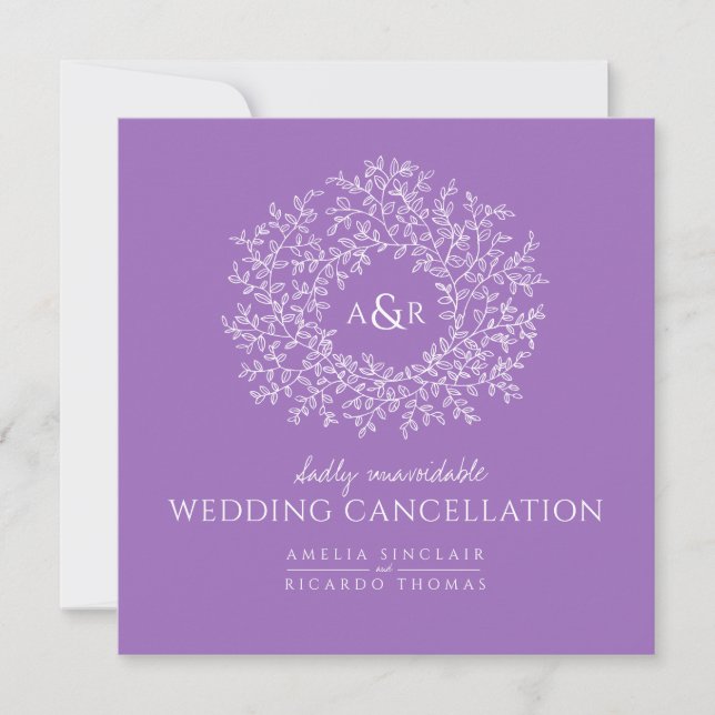 Monogramm lila Blätter Hochzeitstornierung Ankündigung (Vorderseite)