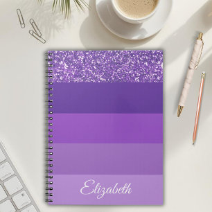 Monogramm lila Glitzer gestreiftes Notizbuch Notizblock
