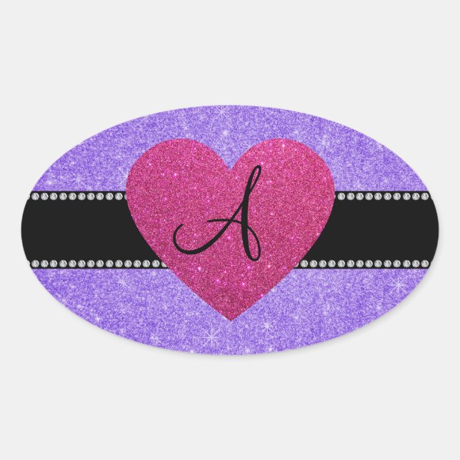 Monogramm lila Glitzer rosa Herz Ovaler Aufkleber (Vorderseite)