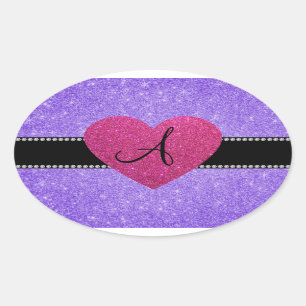 Monogramm lila Glitzer rosa Herz Ovaler Aufkleber