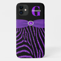 Monogramm Lila Glitzer Zebra iPhone 11