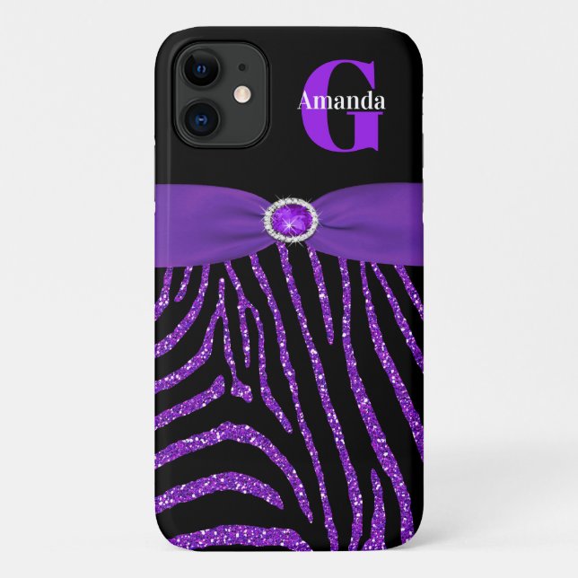 Monogramm Lila Glitzer Zebra iPhone 11 Case-Mate iPhone Hülle (Rückseite)