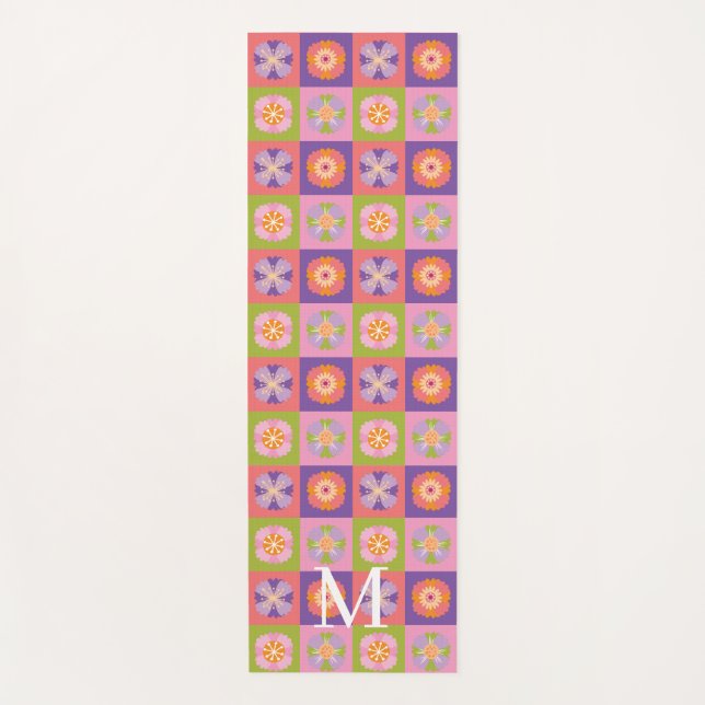 Monogramm lila grünes Blumenmuster Yogamatte (Vorderseite)